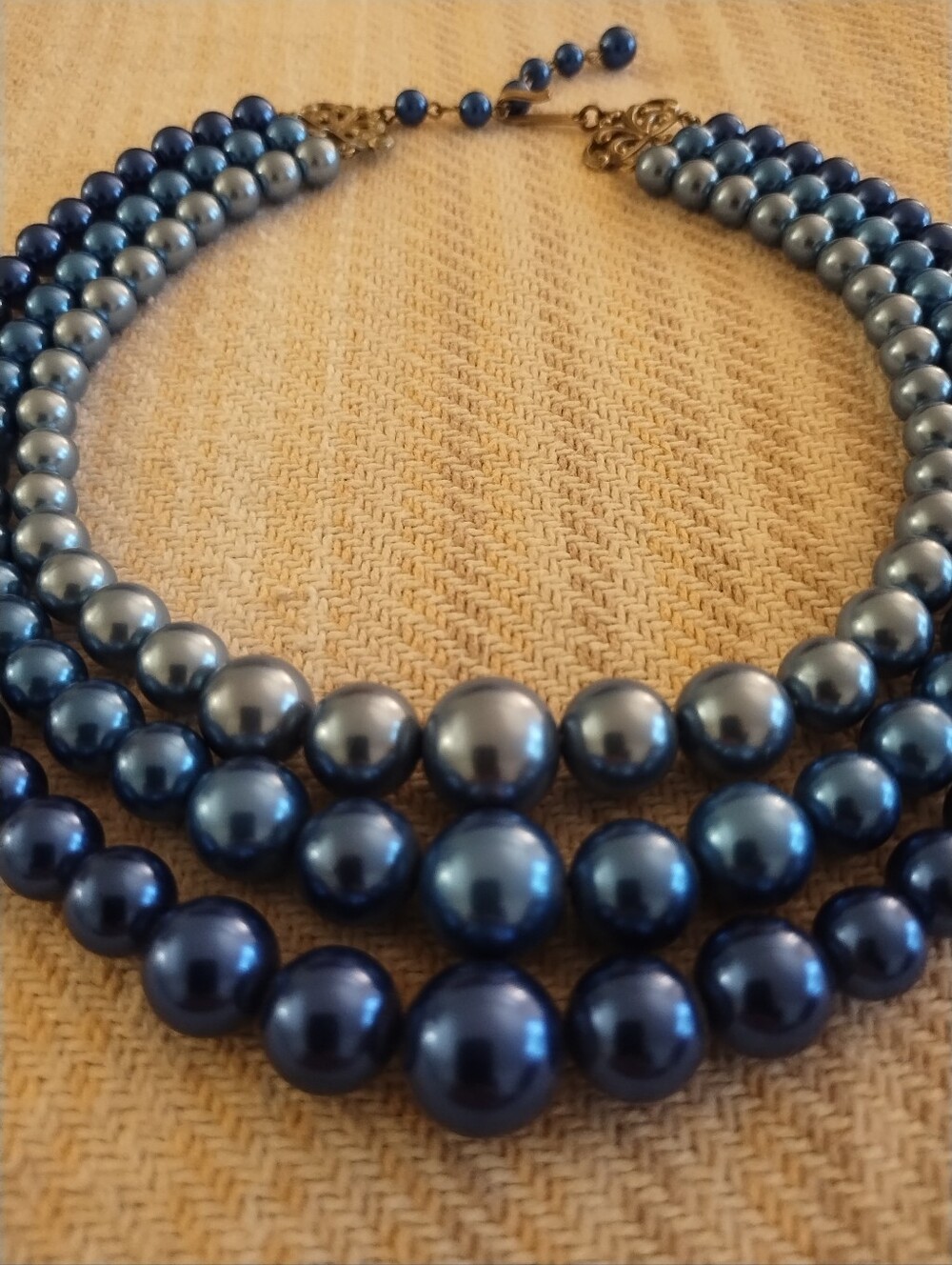 Vintage Three-Strand Imitation Blue Pearl Adjustable Necklace - Evening, Wedding